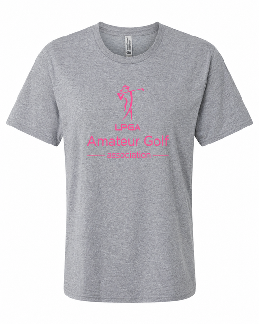 TEE SHIRT = Grey short sleeve Hot Pink logo