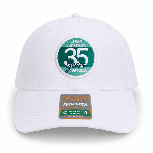 Hat- 35 Year Anniversary Unstructured Trucker White Silicone Textured Logo