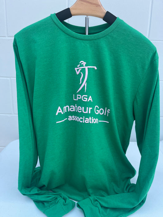 Long Sleeve Cotton Tee Shirt Kelly Green Pink Logo