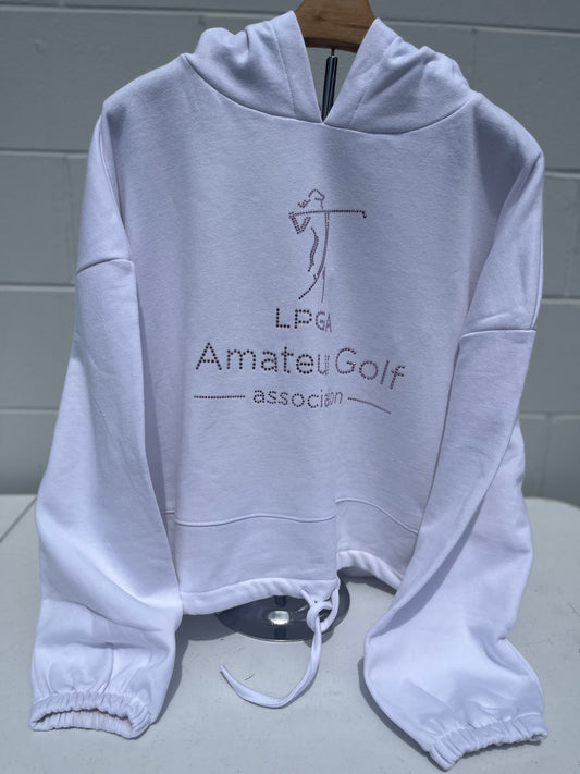 Oversized Crop Hoodie White with Pink Bling Logo